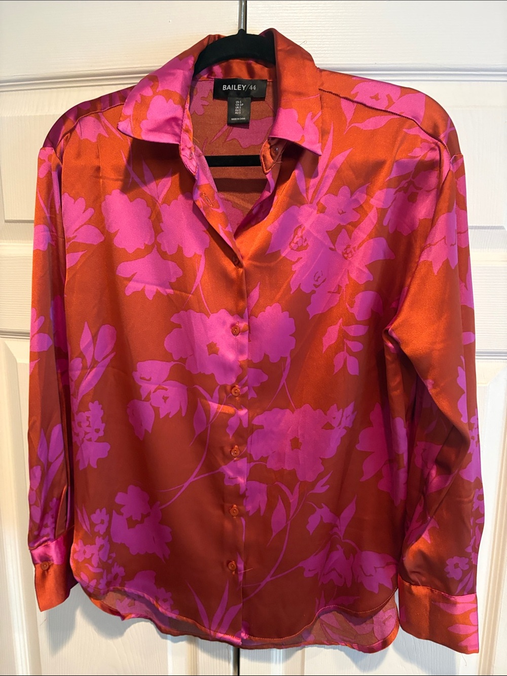 Bailey 44 Orange Satin Button-Down with Pink Floral Print